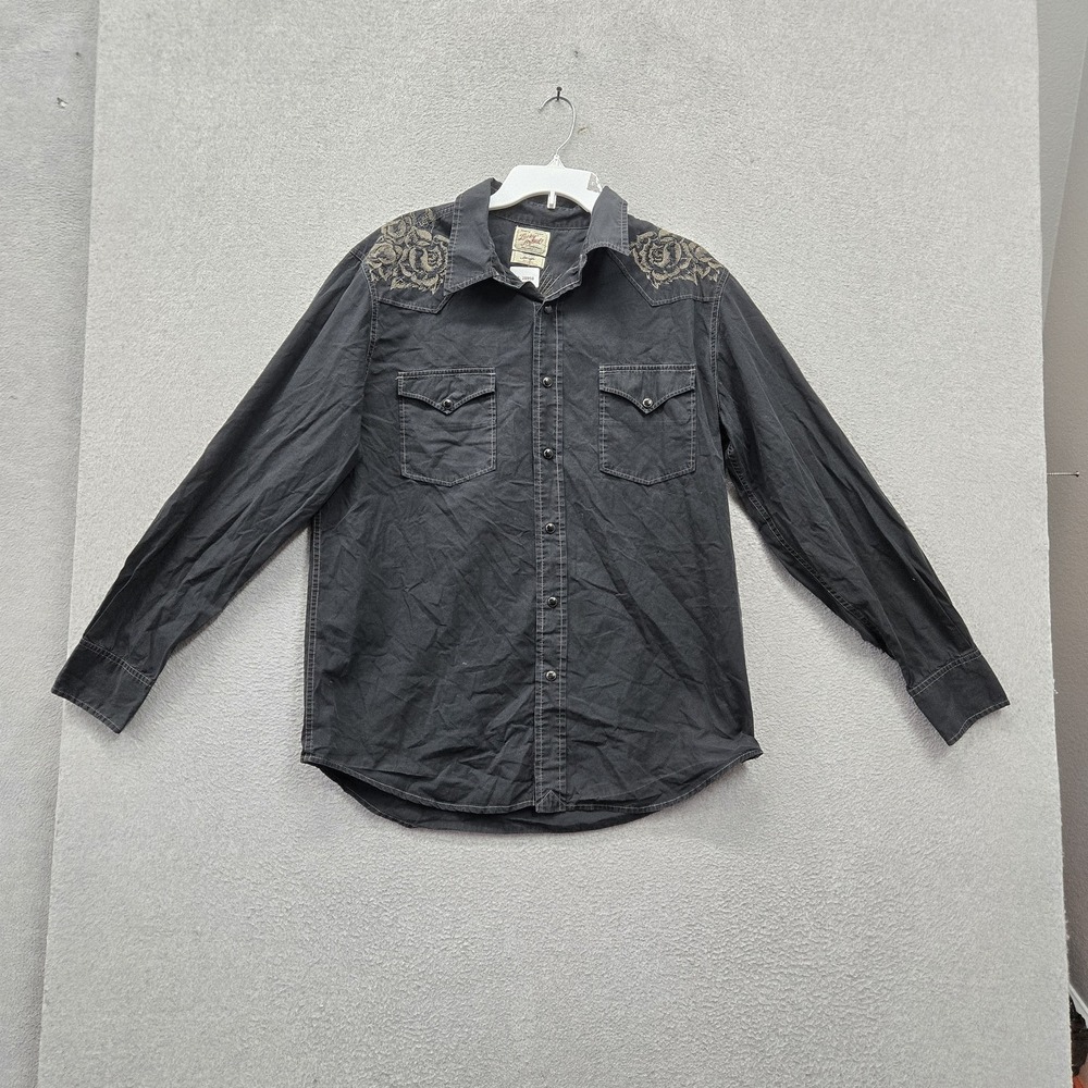 Lucky Brand Men Button Up Shirt L Black Embroidered Grunge Floral Dragon